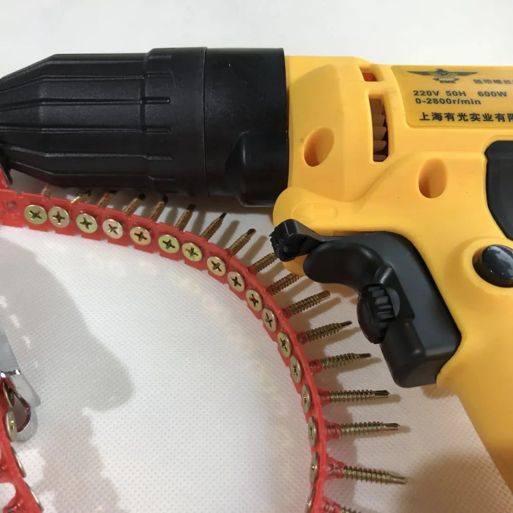 Yellow rechargeable handheld chain nail machine with pistol grip for woodworking screw fixation
