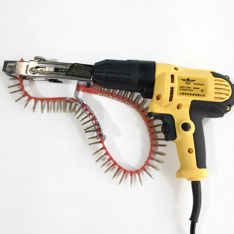 Yellow rechargeable handheld chain nail machine with pistol grip for woodworking screw fixation