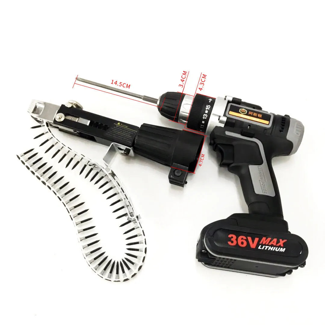 Yellow rechargeable handheld chain nail machine with pistol grip for woodworking screw fixation