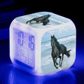 Square alarm clock with LED display and colour-changing feature, measuring 8x8cm, for bedroom or study room use