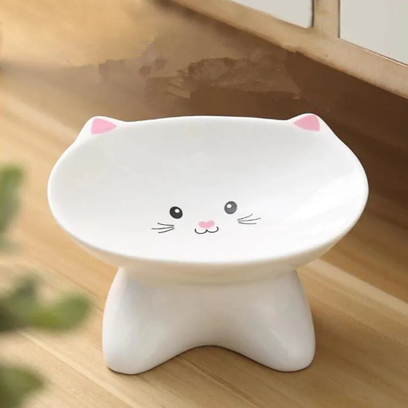 Ceramic cat face-shaped pet food bowl with porcelain construction
