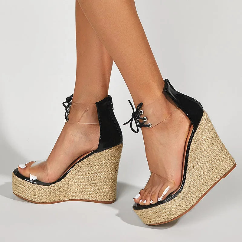 Black women's wedge sandals with hemp rope detailing on 8cm platform heel and adjustable front tie closure