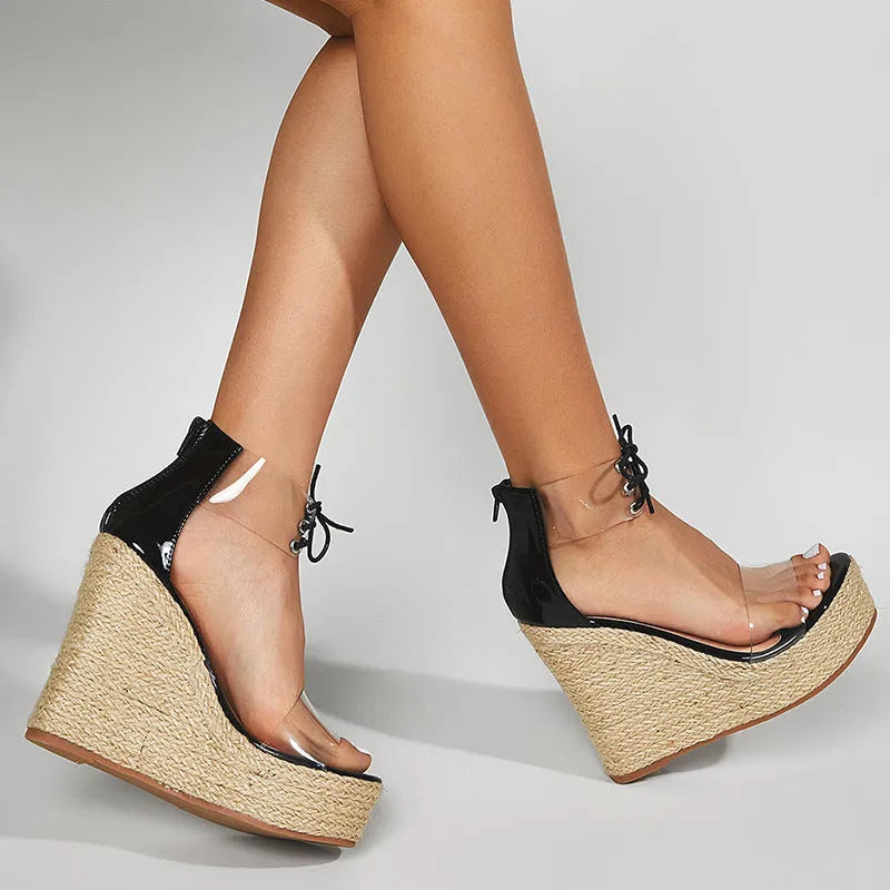 Black women's wedge sandals with hemp rope detailing on 8cm platform heel and adjustable front tie closure