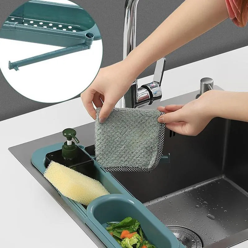 Telescopic sink rack in blue grey colour with adjustable length and drain fan holes