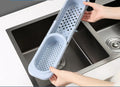 Telescopic sink rack in blue grey colour with adjustable length and drain fan holes