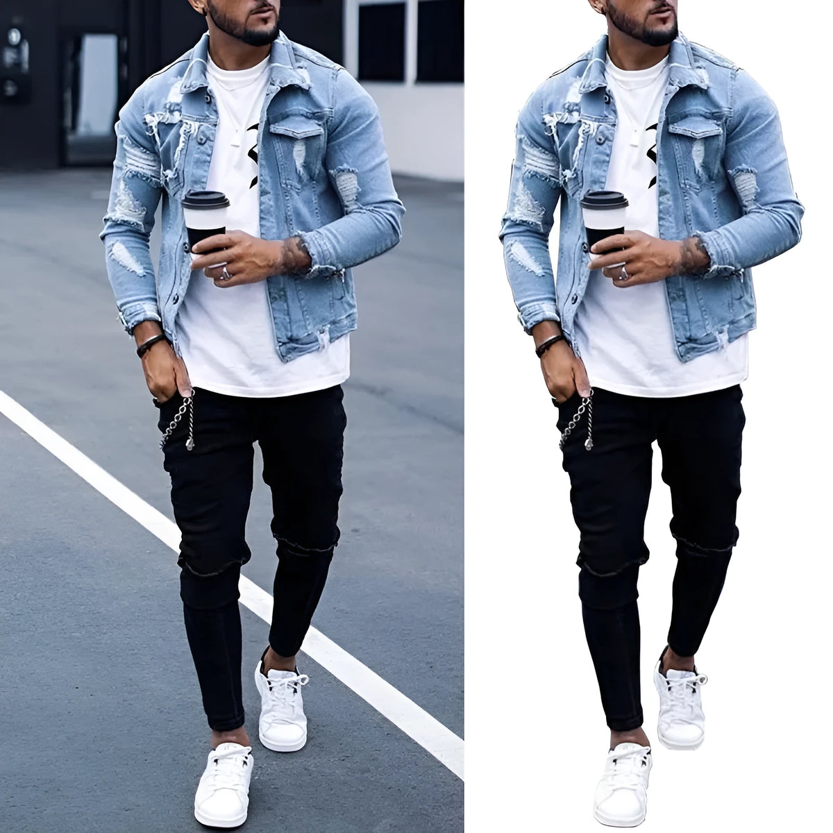 Men's light blue ripped washed denim jacket with lapel collar, hip hop style, sizes S to XXXL