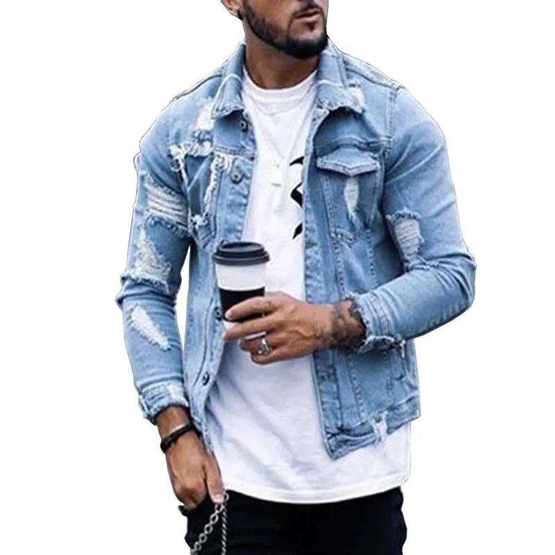 Men's light blue ripped washed denim jacket with lapel collar, hip hop style, sizes S to XXXL