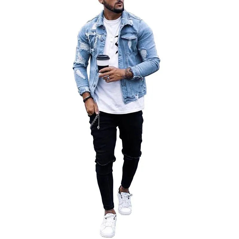 Men's light blue ripped washed denim jacket with lapel collar, hip hop style, sizes S to XXXL