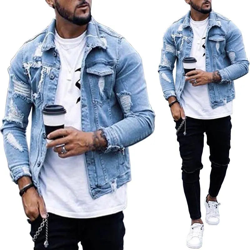 Men's light blue ripped washed denim jacket with lapel collar, hip hop style, sizes S to XXXL