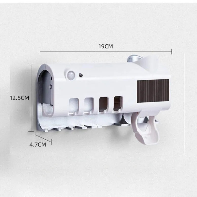Black intelligent UV toothbrush sterilizer and automatic toothpaste squeezer mounted on bathroom wall