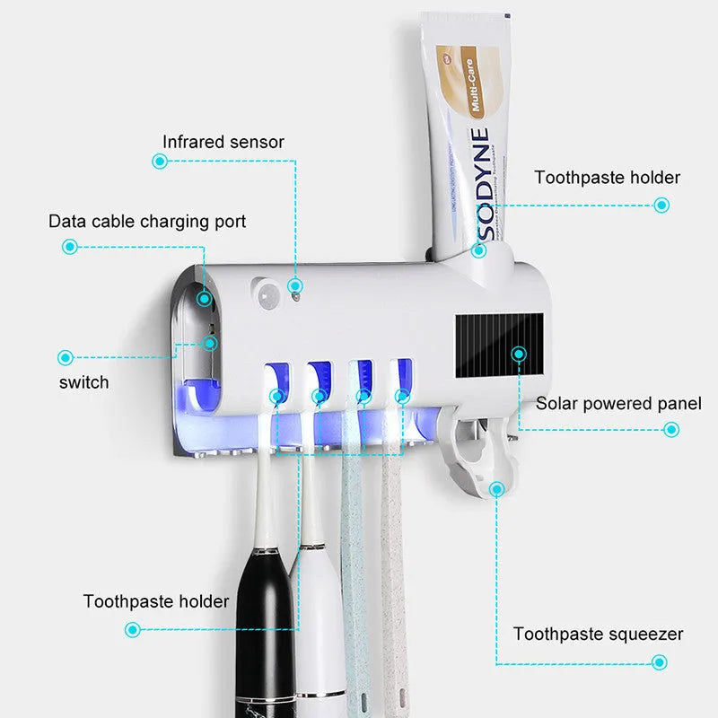 Black intelligent UV toothbrush sterilizer and automatic toothpaste squeezer mounted on bathroom wall