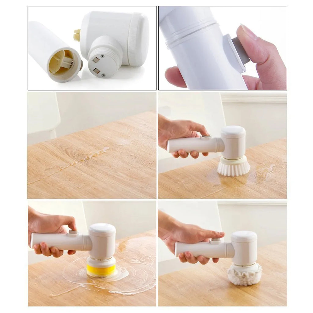 White rechargeable electric cleaning brush with three interchangeable brush heads for bathroom and kitchen surfaces
