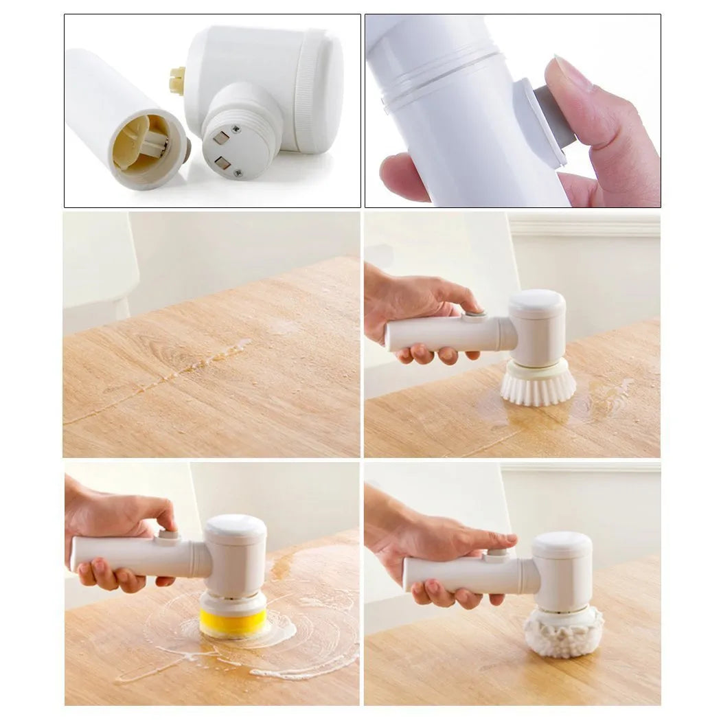 White rechargeable electric cleaning brush with three interchangeable brush heads for bathroom and kitchen surfaces