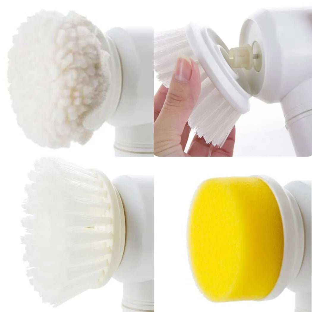 White rechargeable electric cleaning brush with three interchangeable brush heads for bathroom and kitchen surfaces