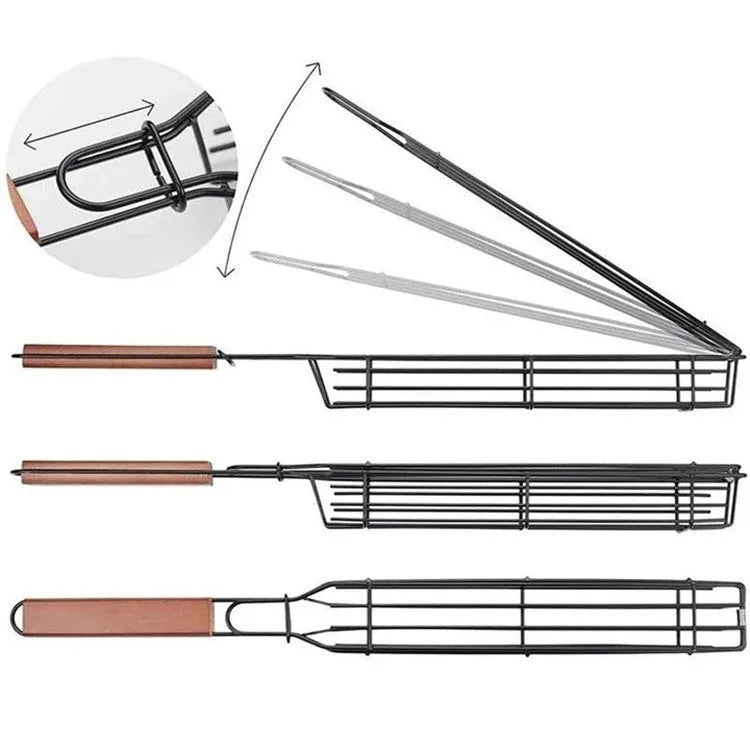 Burlywood coloured iron barbecue basket with a long wood handle for outdoor grilling.