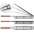 Burlywood coloured iron barbecue basket with a long wood handle for outdoor grilling.