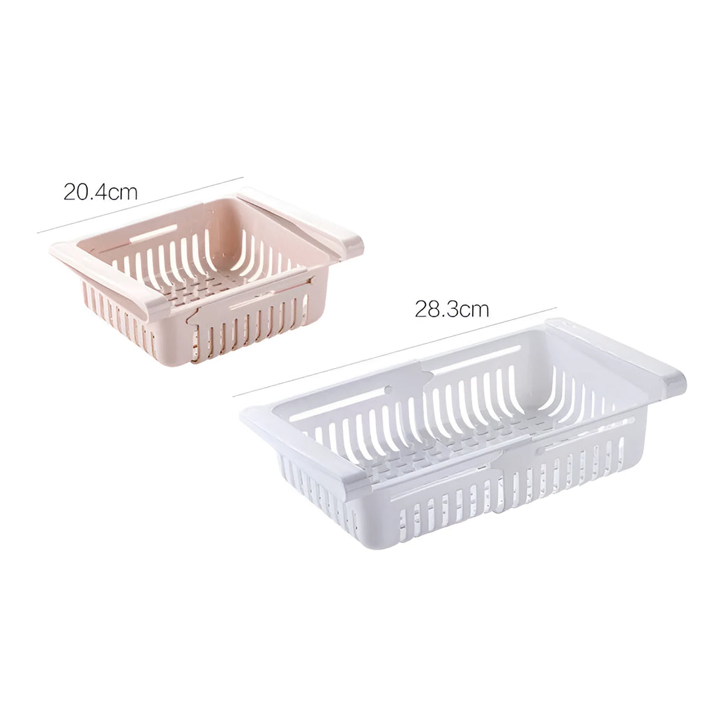 Blue telescopic refrigerator storage basket with adjustable width from 22cm to 34cm on a kitchen counter