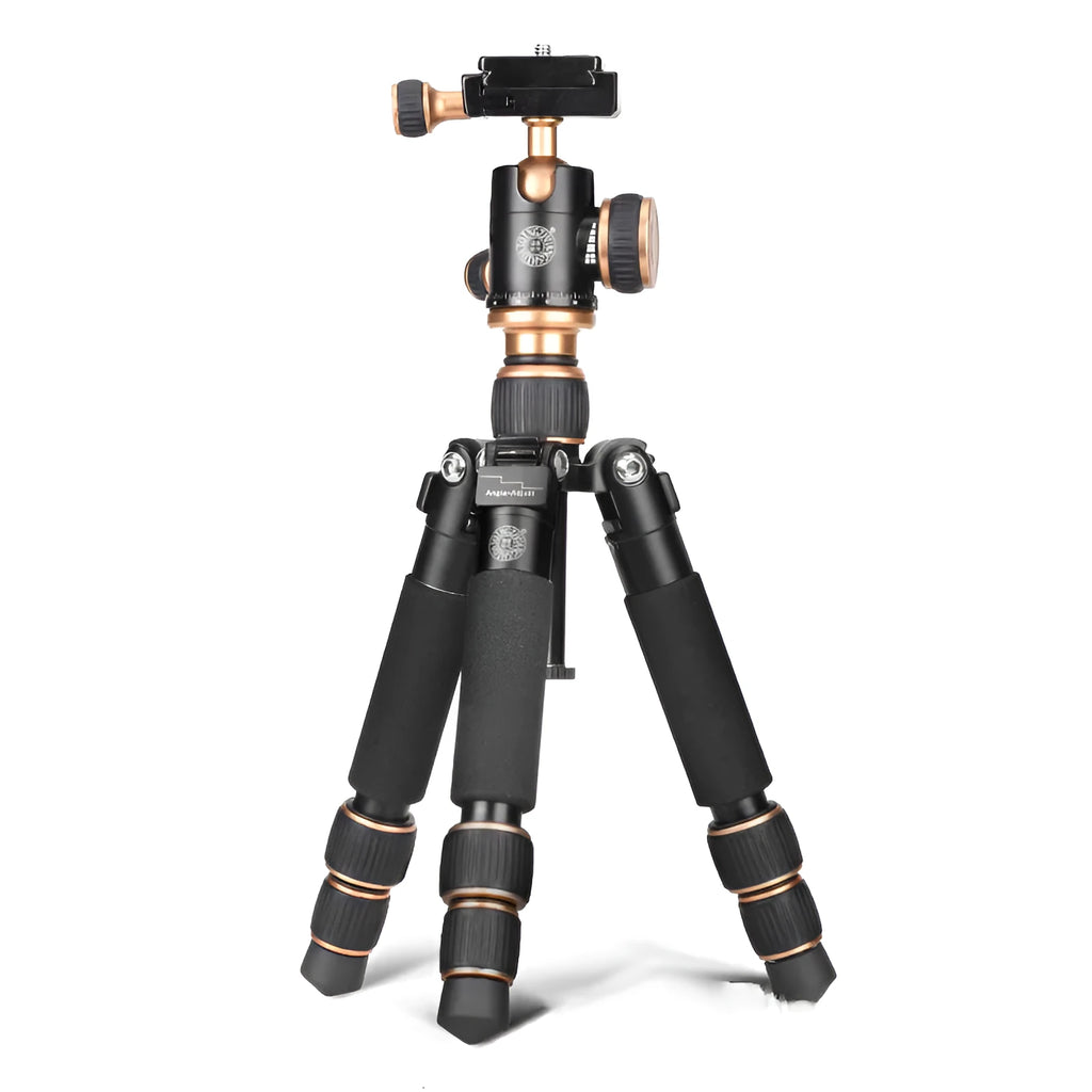 Black aluminium ball head tripod extended, with a smartphone mounted for demonstration.