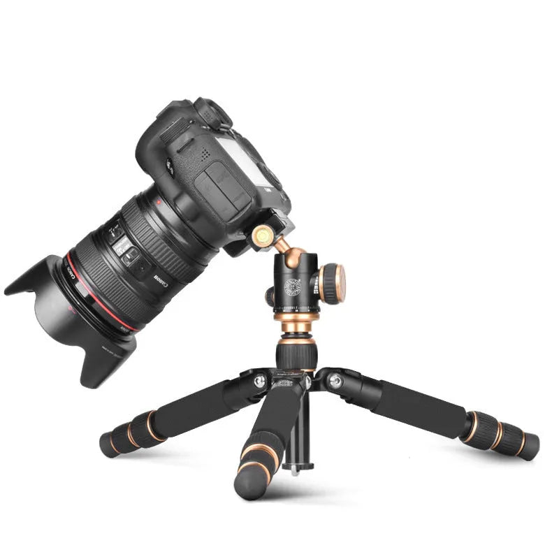 Black aluminium ball head tripod extended, with a smartphone mounted for demonstration.