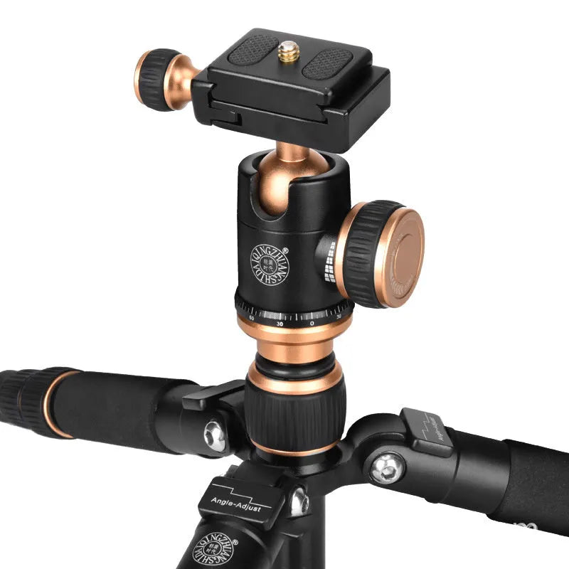 Black aluminium ball head tripod extended, with a smartphone mounted for demonstration.