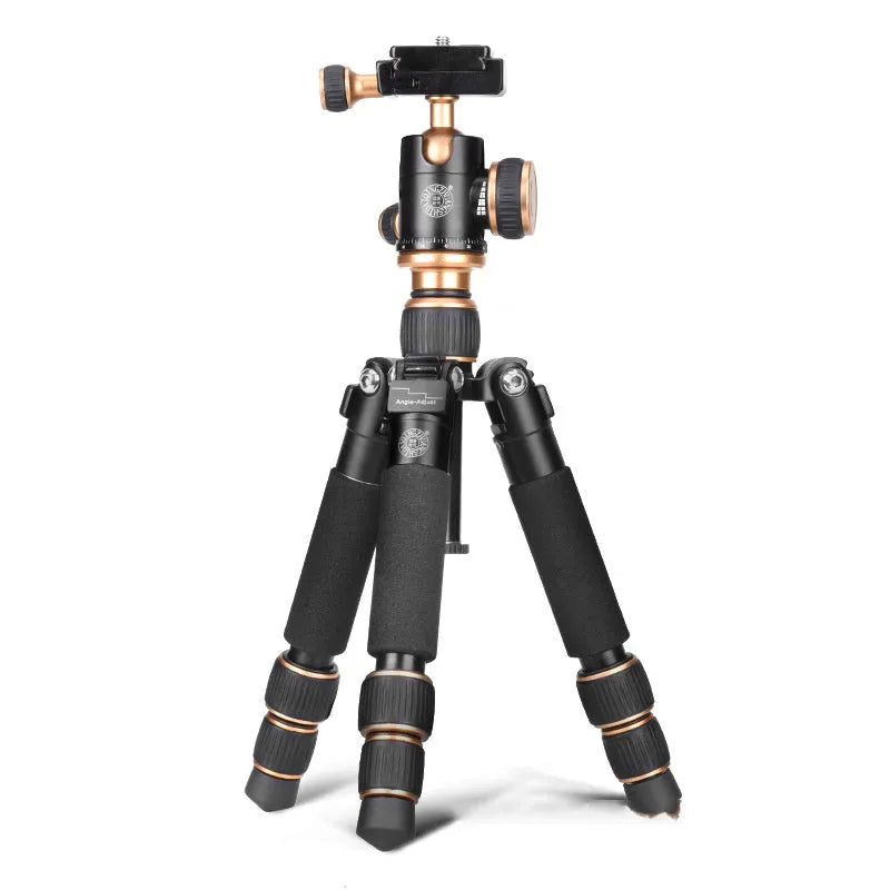 Black aluminium ball head tripod extended, with a smartphone mounted for demonstration.