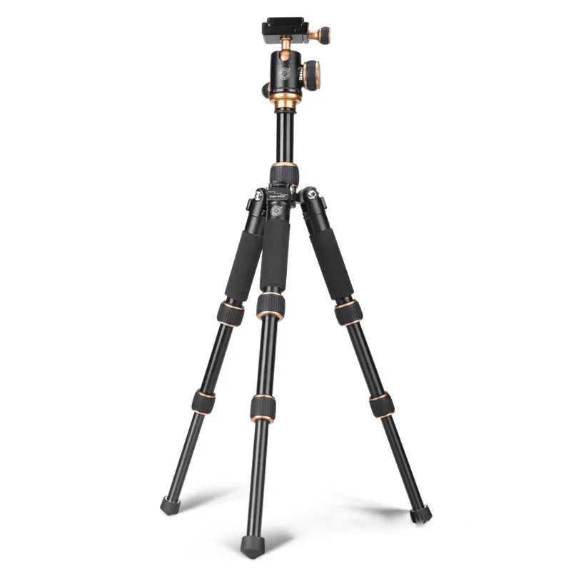 Black aluminium ball head tripod extended, with a smartphone mounted for demonstration.