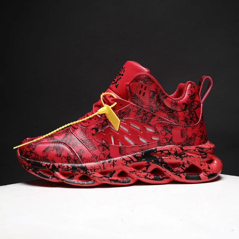 Men's high-top basketball shoes in camouflage pattern with microfiber upper and rubber sole, sizes 39-46