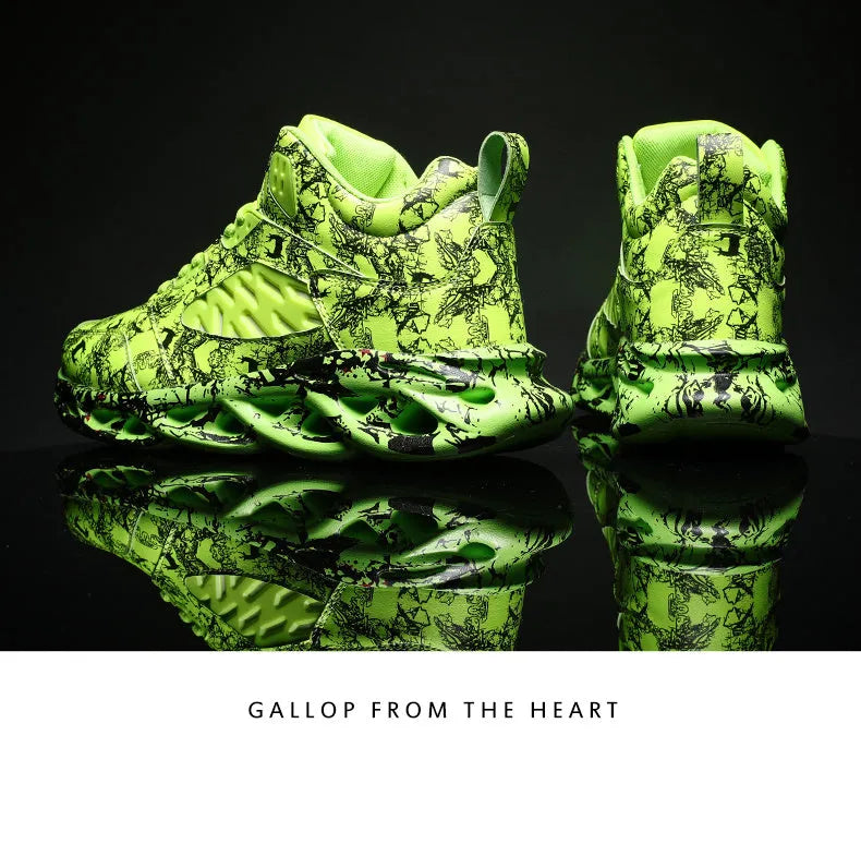 Men's high-top basketball shoes in camouflage pattern with microfiber upper and rubber sole, sizes 39-46