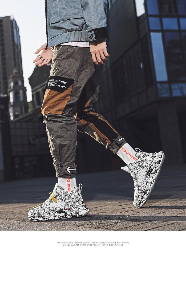 Men's high-top basketball shoes in camouflage pattern with microfiber upper and rubber sole, sizes 39-46