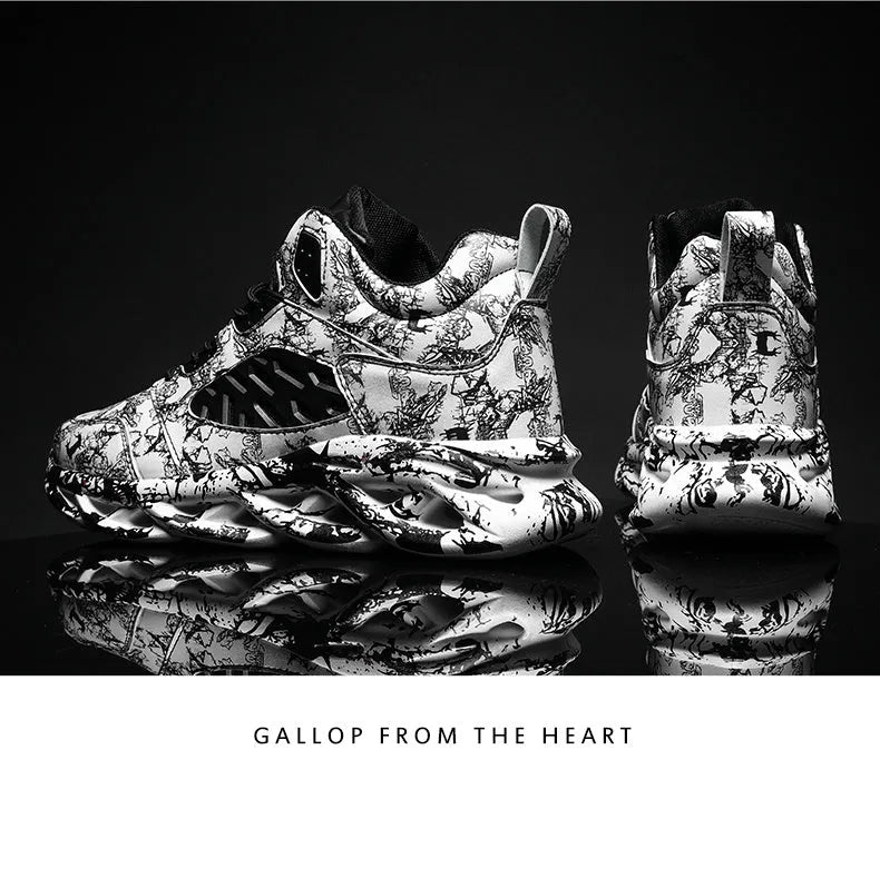 Men's high-top basketball shoes in camouflage pattern with microfiber upper and rubber sole, sizes 39-46