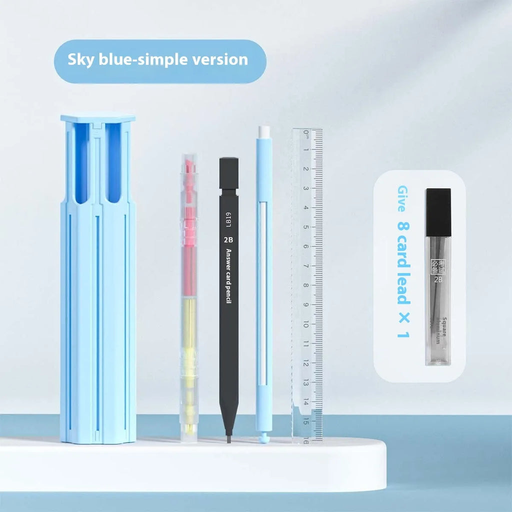 Plastic pencil case with press-fit closure containing six pens in sky blue colour