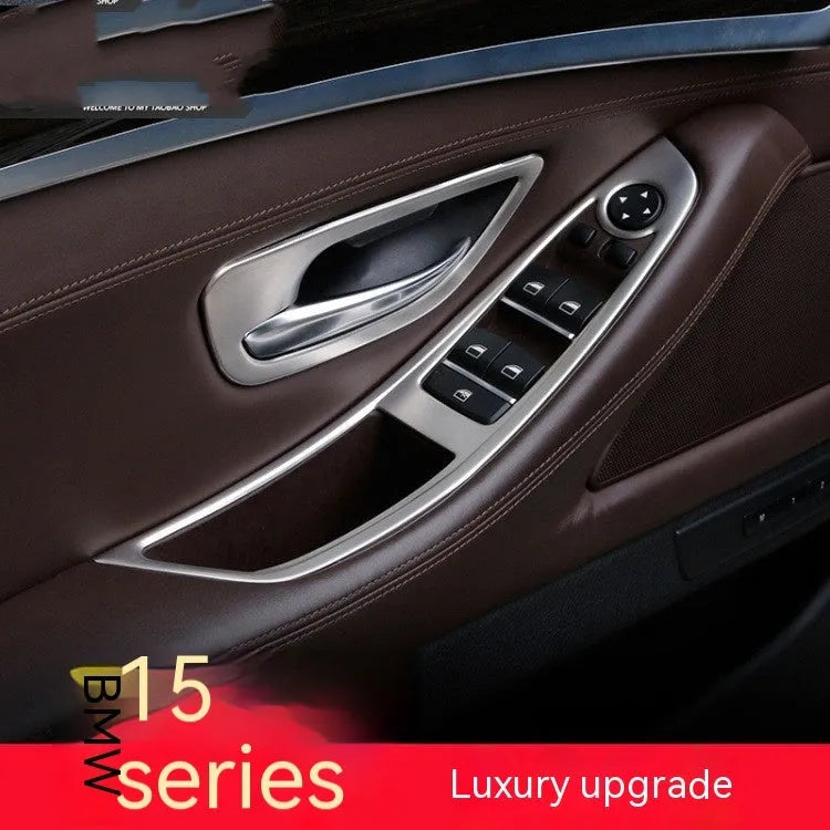 BMW 5 Series F10 F18 interior door handle decorative trim strips in ABS and stainless steel.
