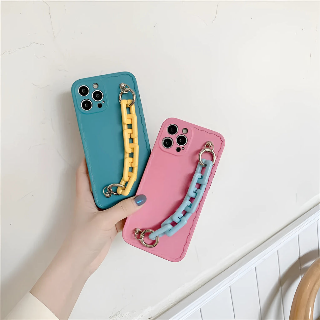 Huawei and iPhone mobile phone case with a photo frame window and a matching coloured wrist chain attached.