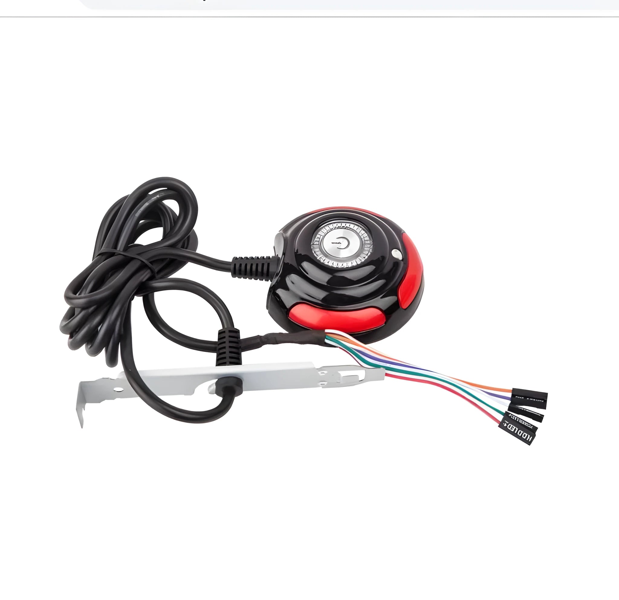 Black and red desktop computer power switch with on/off button, reset button, and indicator light.