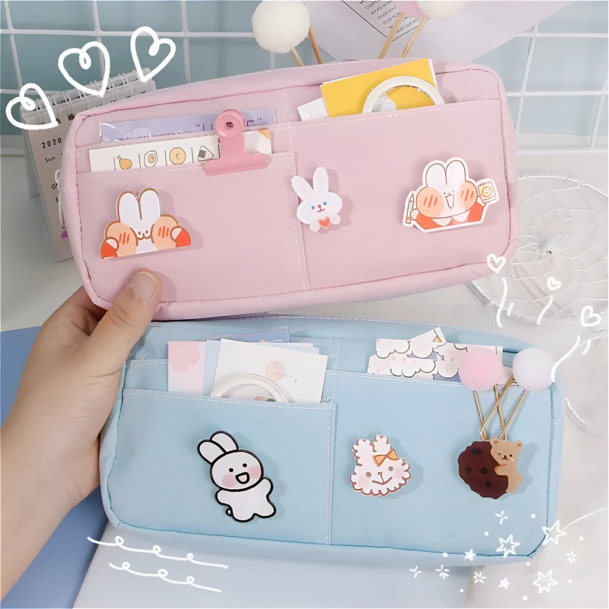 Canvas pencil case in Japanese Harajuku style with three random badges and a choice of Matcha green, Jade blue or Licorice powder