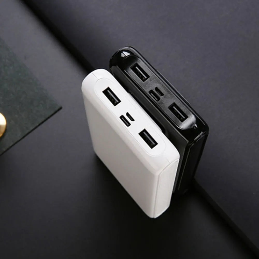Black and white 18650 DIY charging bank case showing dual input ports and battery compartments