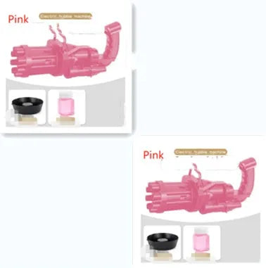 Children's bubble gun toy in pink, gold, or black with battery compartment and removable bubble head.