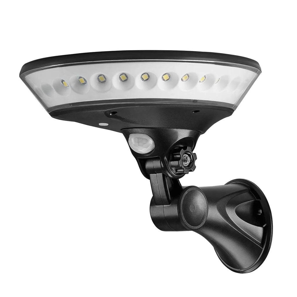 360-degree solar light with ABS plastic body, showing motion detection sensor and solar panel on top
