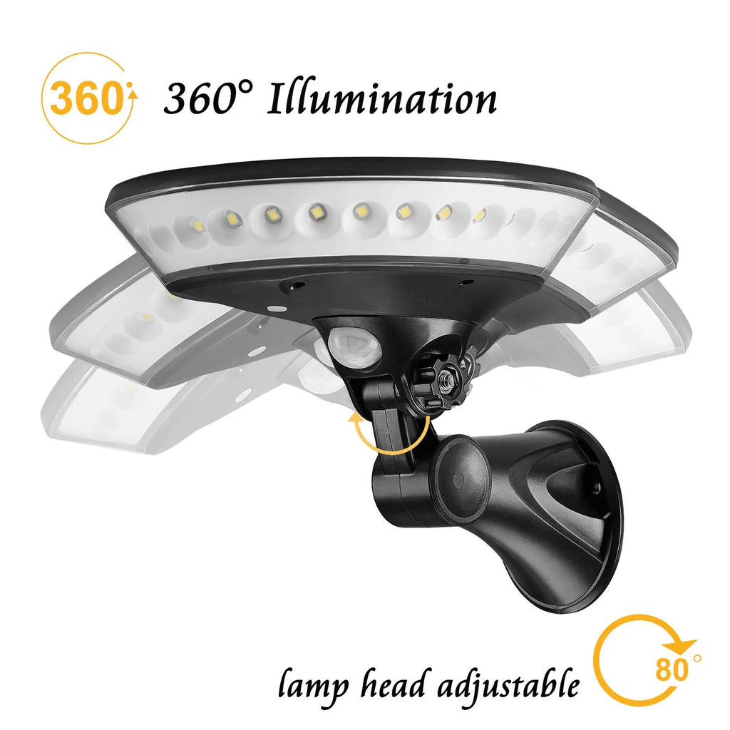 360-degree solar light with ABS plastic body, showing motion detection sensor and solar panel on top