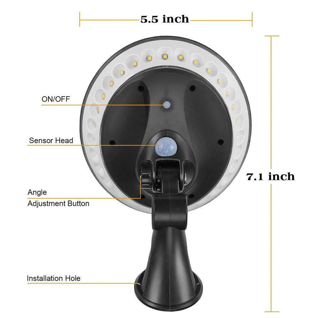 360-degree solar light with ABS plastic body, showing motion detection sensor and solar panel on top