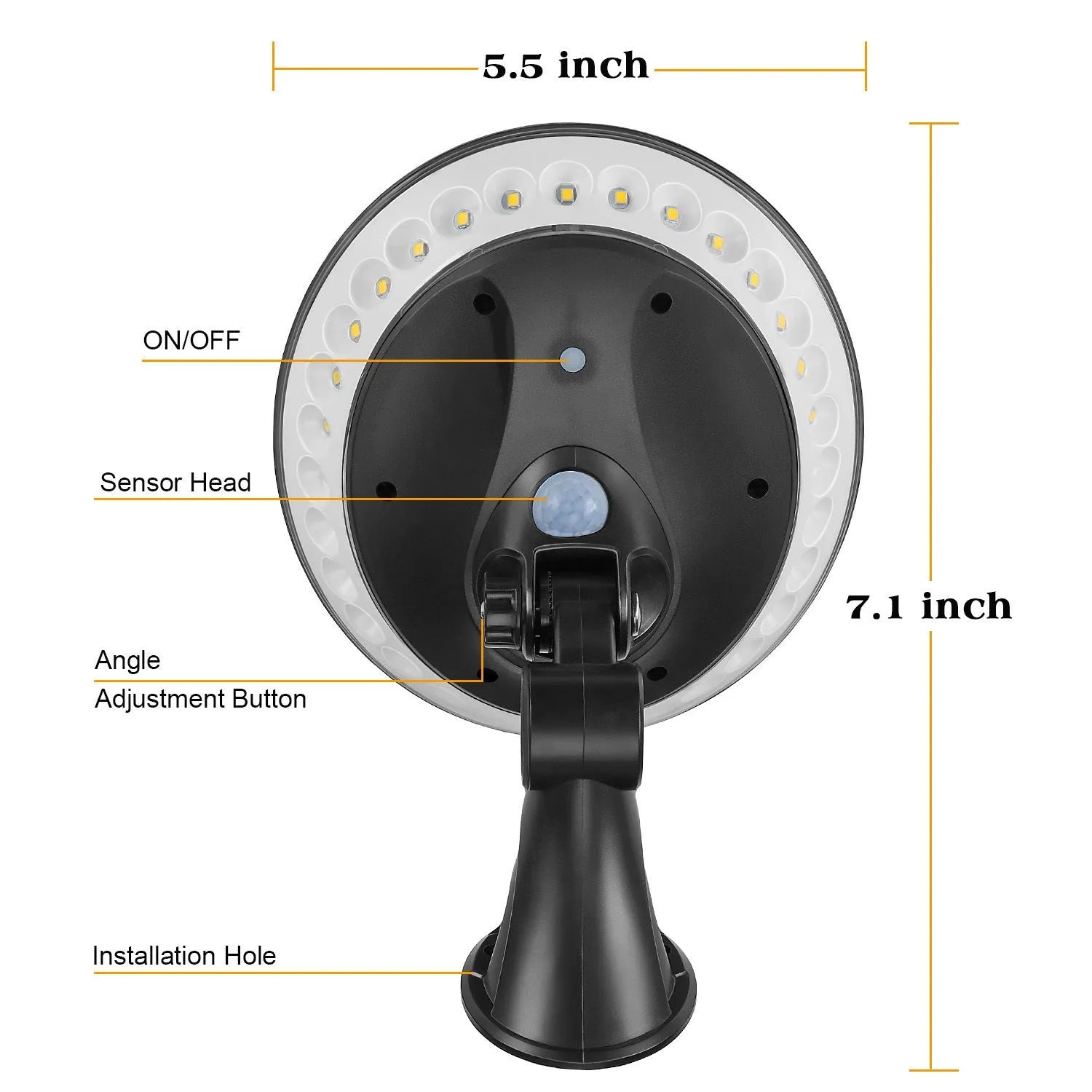 360-degree solar light with ABS plastic body, showing motion detection sensor and solar panel on top