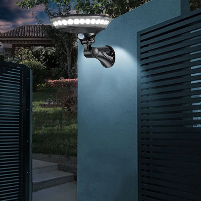 360-degree solar light with ABS plastic body, showing motion detection sensor and solar panel on top