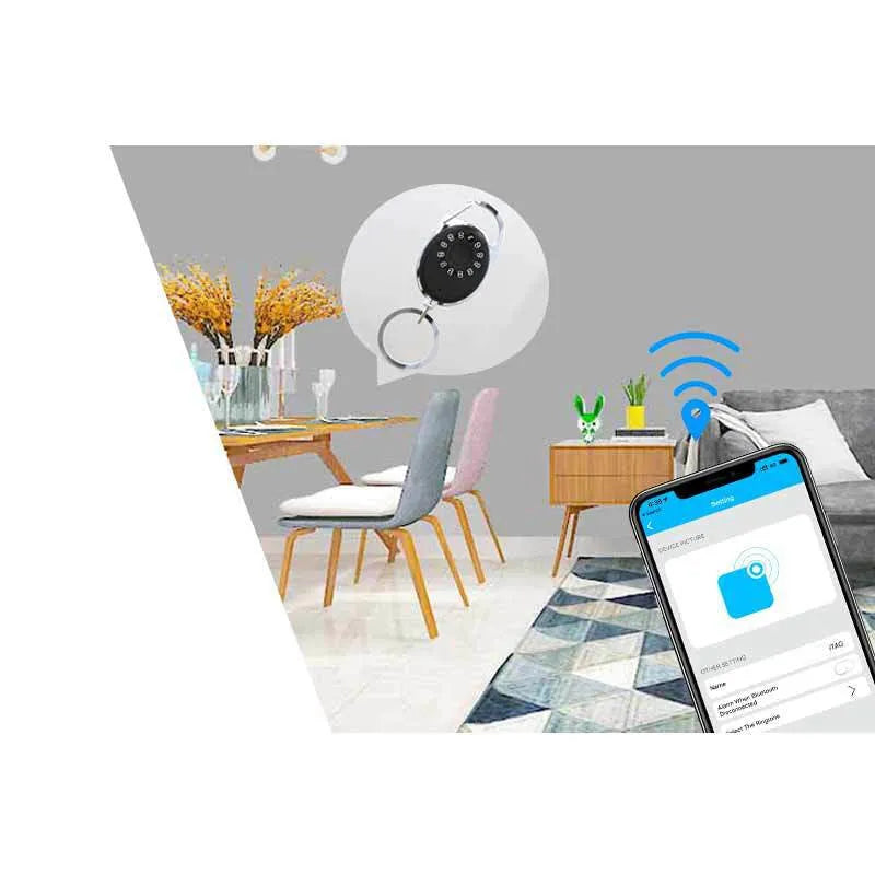 Black Bluetooth tracker with keychain for Apple-compatible item and pet tracking