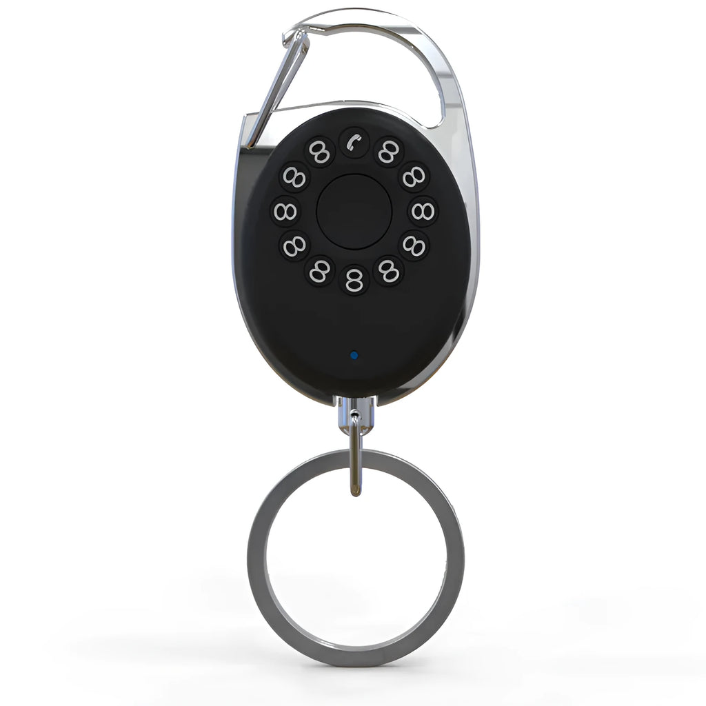 Black Bluetooth tracker with keychain for Apple-compatible item and pet tracking