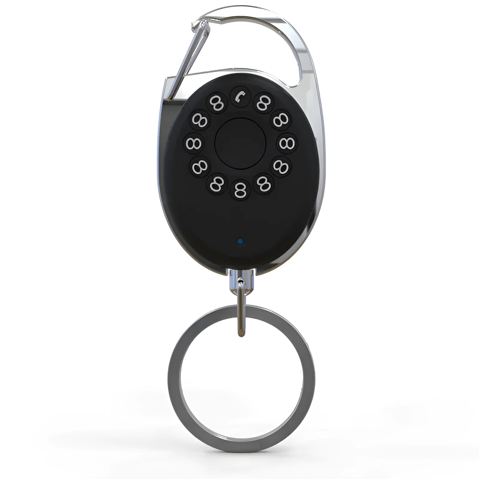 Black Bluetooth tracker with keychain for Apple-compatible item and pet tracking