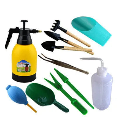 Succulent gardening tools set with tweezers, shovel cup, mini rake, spray bottle, measuring cup, and blue-orange transfer cloth