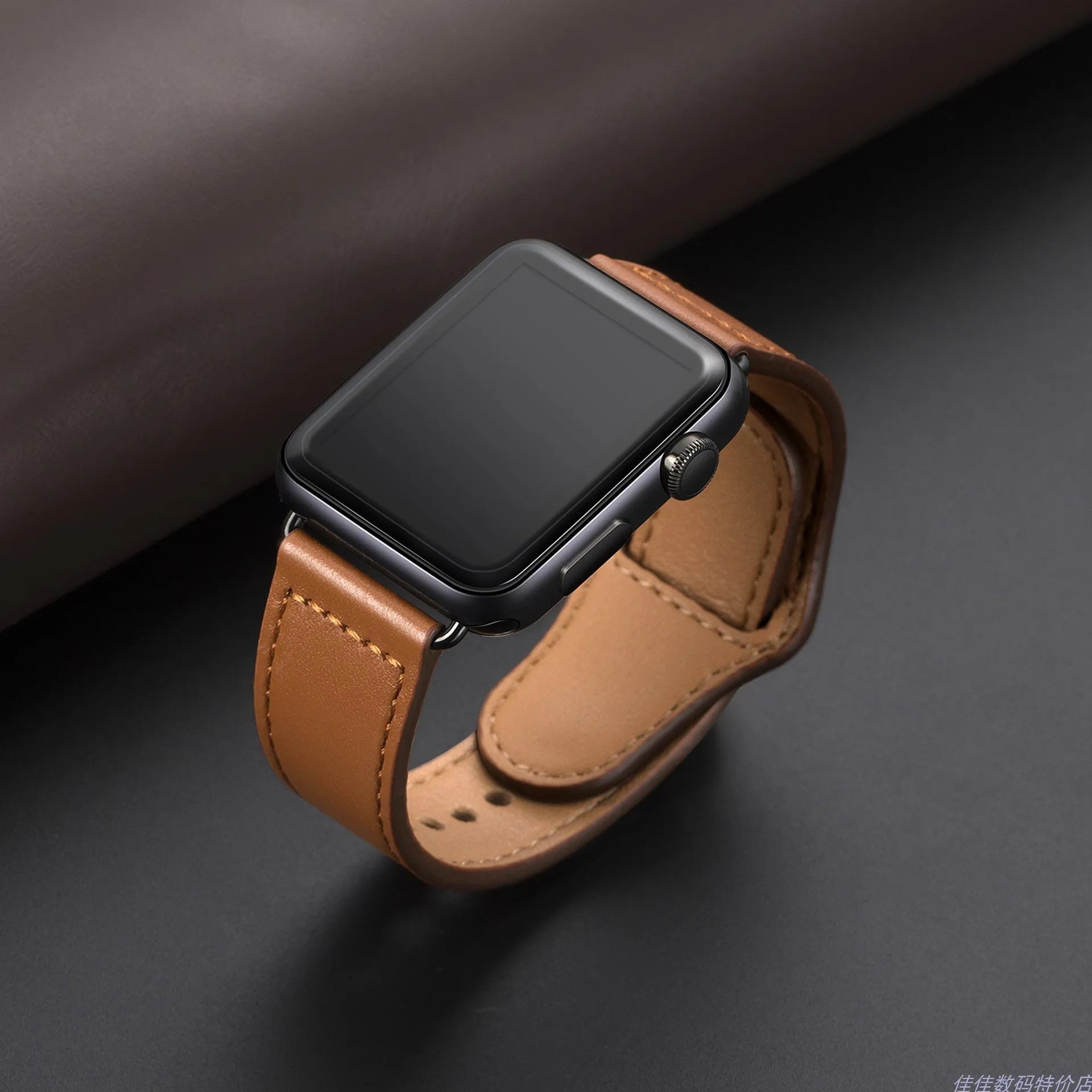 Artificial leather geometric replacement strap for Apple Watch in black, brown, pink, and white.