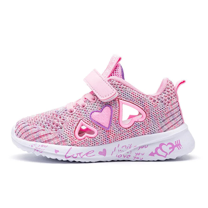 Kids pink and purple mesh sneakers with Velcro strap and cartoon pattern