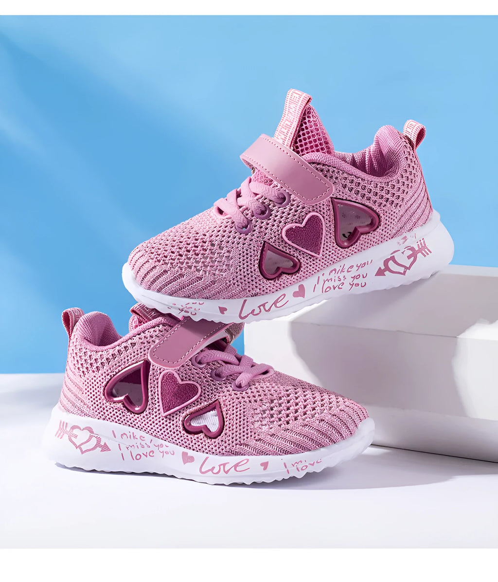 Kids pink and purple mesh sneakers with Velcro strap and cartoon pattern