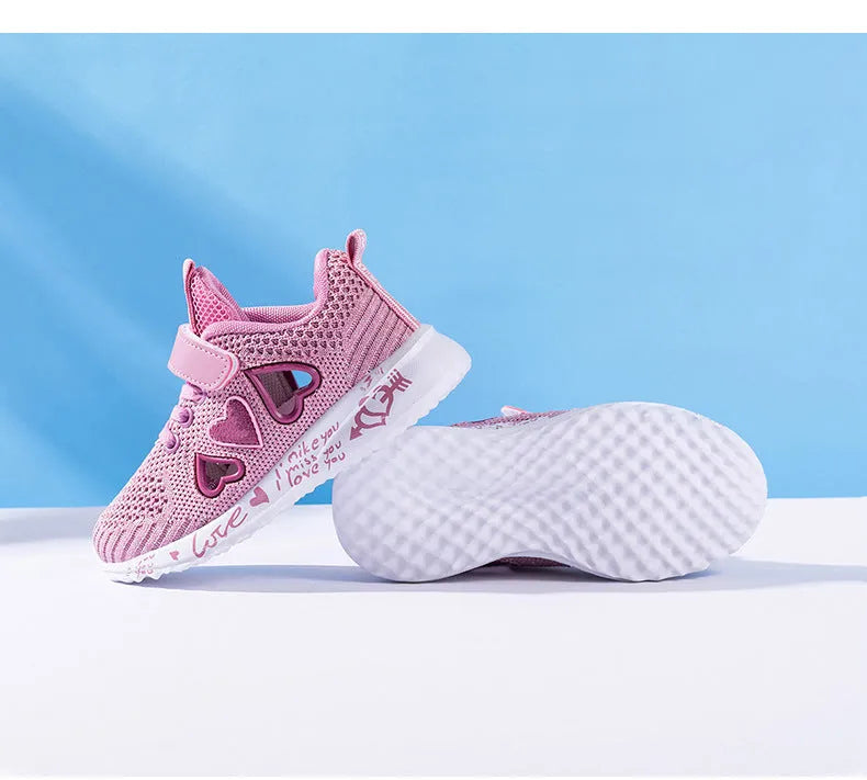 Kids pink and purple mesh sneakers with Velcro strap and cartoon pattern